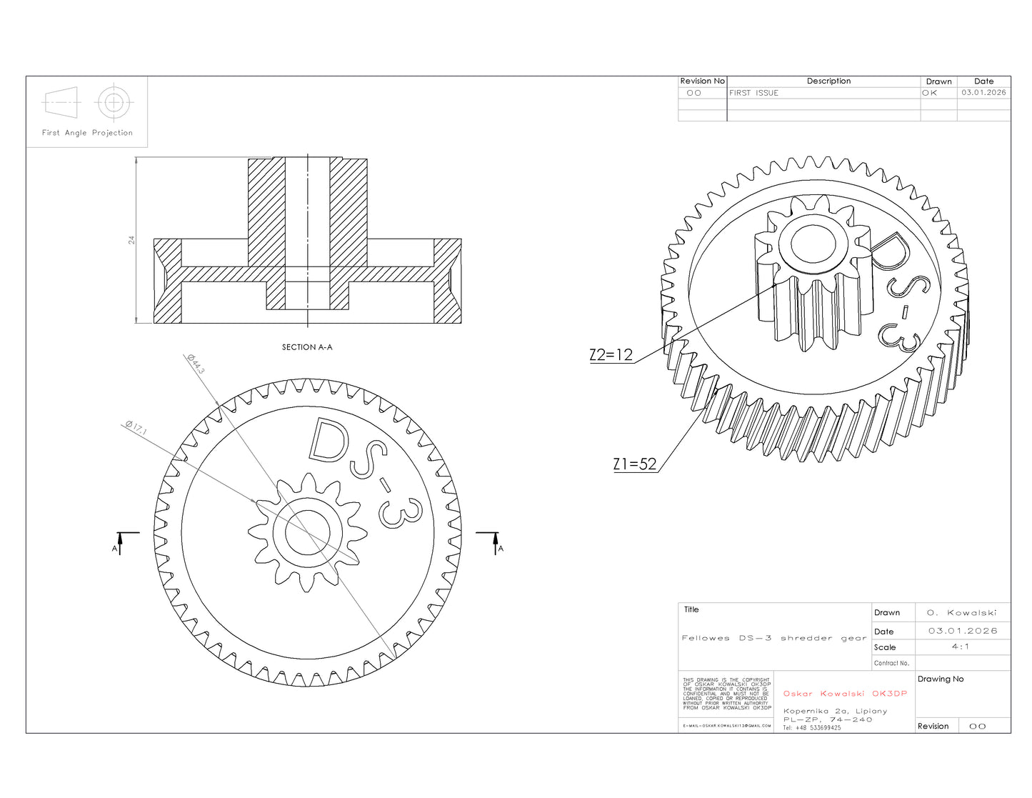Zębatka do niszczarki papieru Fellowes DS-3 52 x 12 zębów