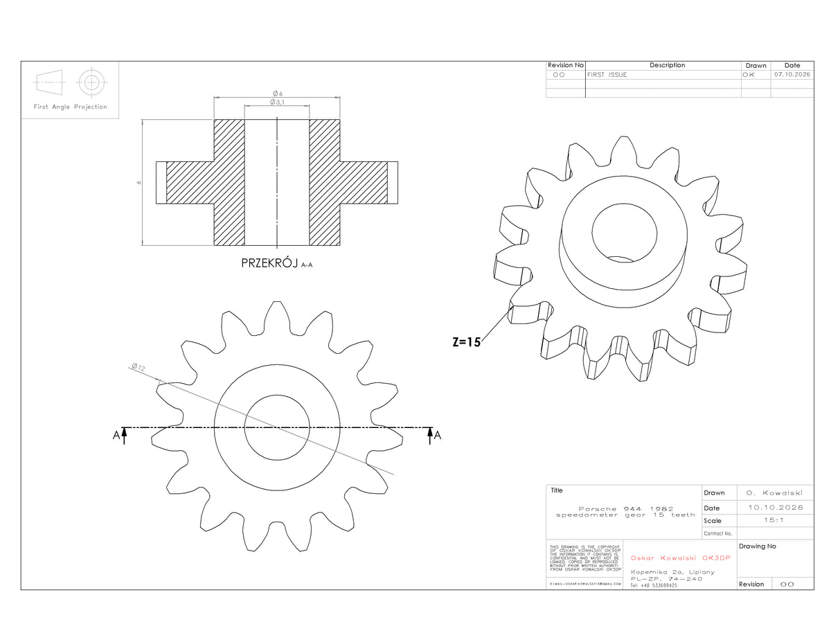 Porsche 944 Speedometer Gear 15 Teeth – 1982 Model