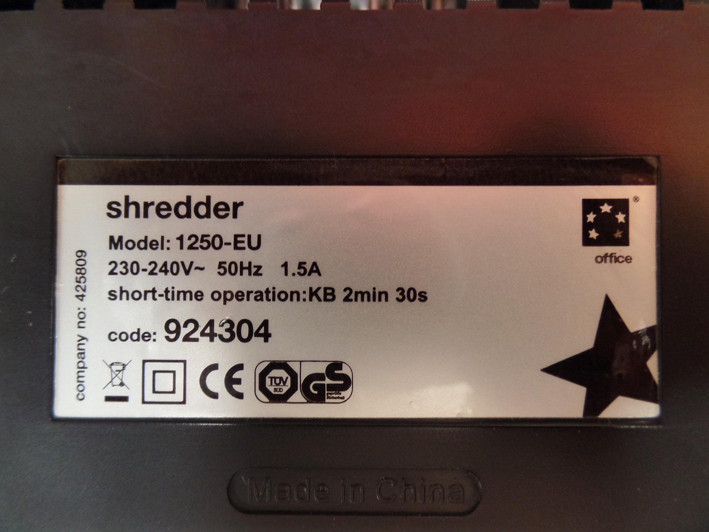 5 Star Office model 1250-EU shredder gear
