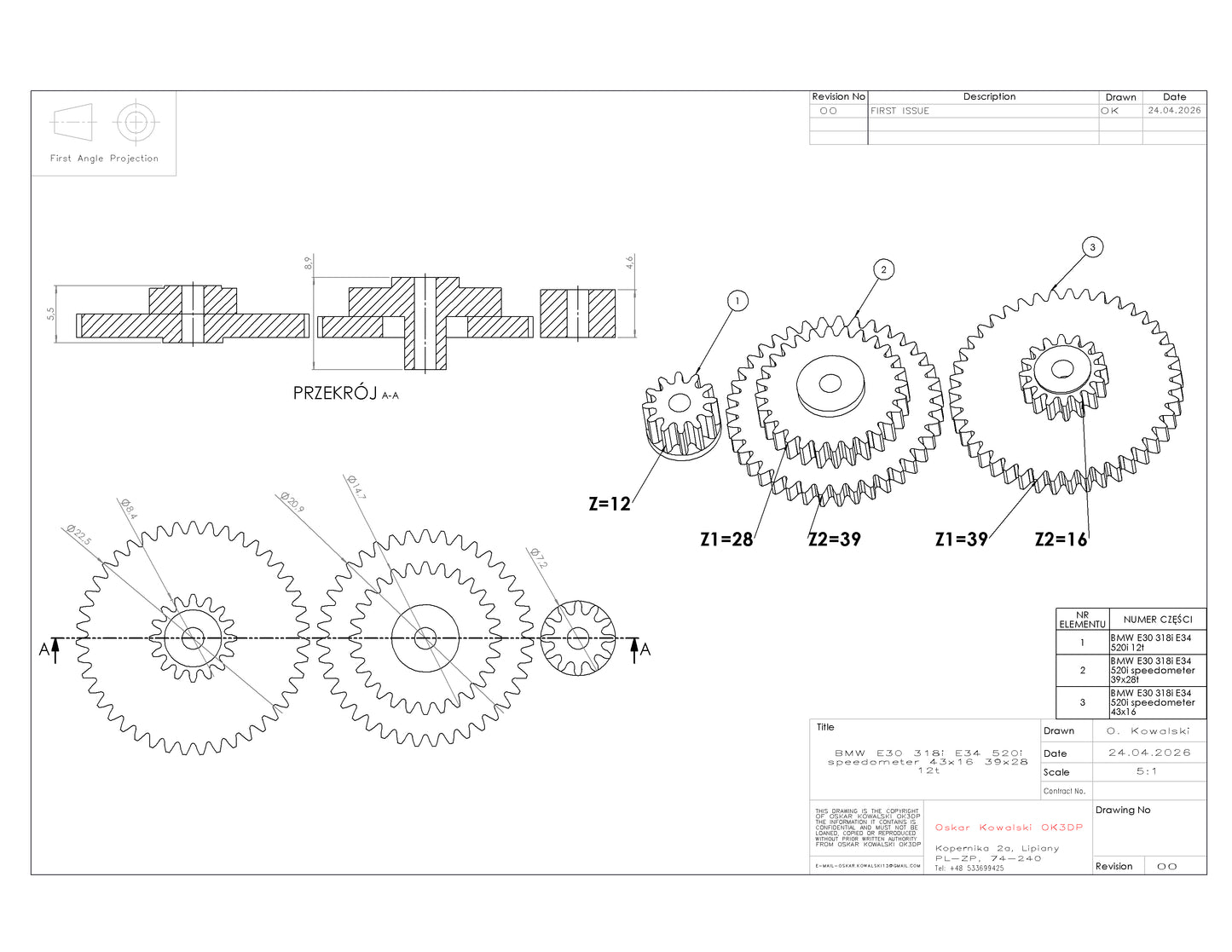 BMW E30 / E34 Odometer Gear Repair Kit (KM/H) – 12T + 43x16 + 39x28 – VDO Speedometer Fix Set