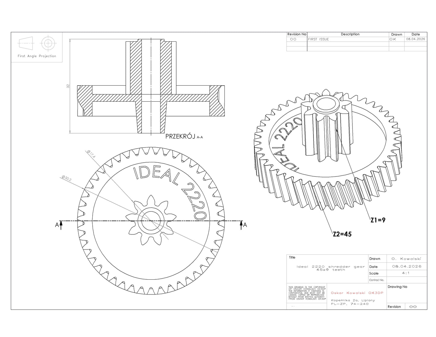 Ideal 2220 shredder gear replacement 45x9 teeth
