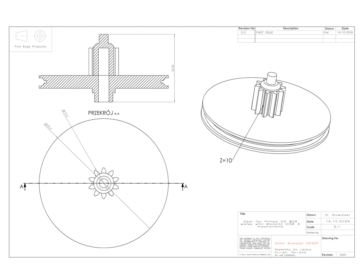 Replacement Gear for Philips CD 824 CD Player – Compatible with Marantz CDM-4 Mechanism